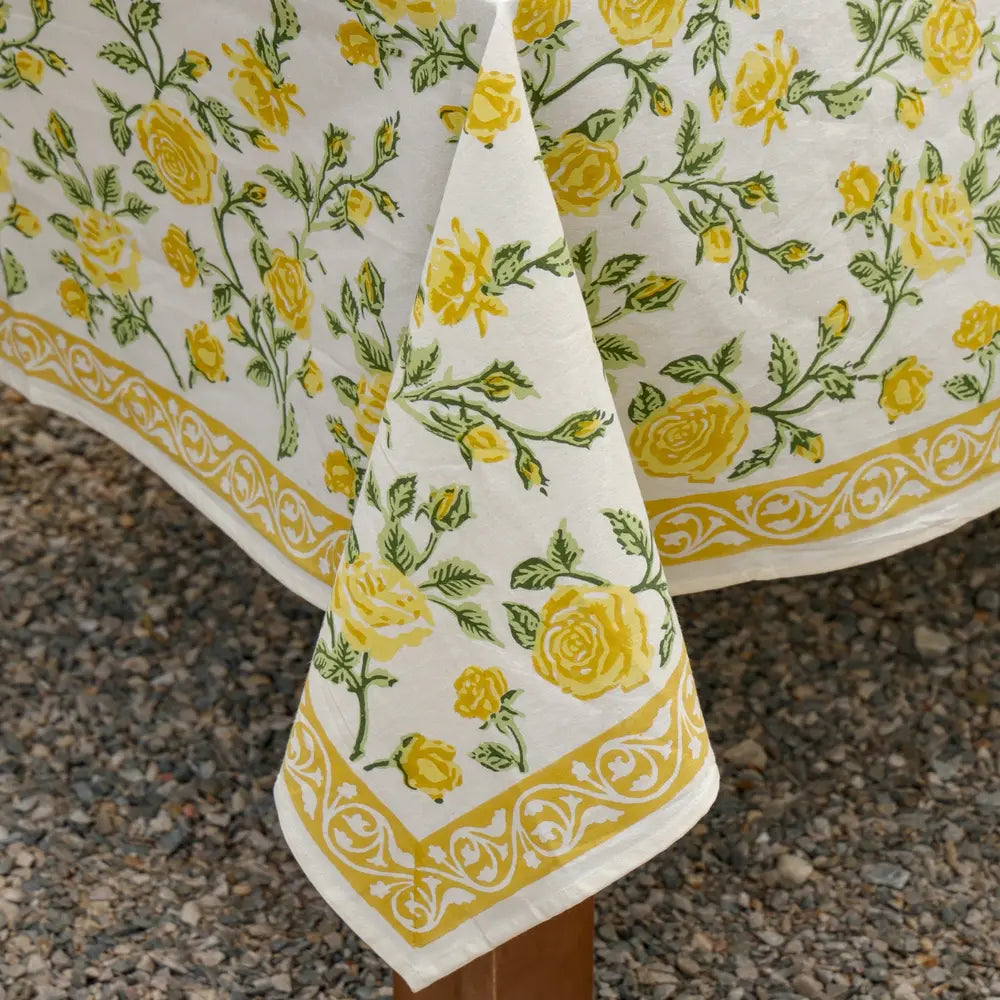 English Rose Yellow block print tablecloth hand printed in India
