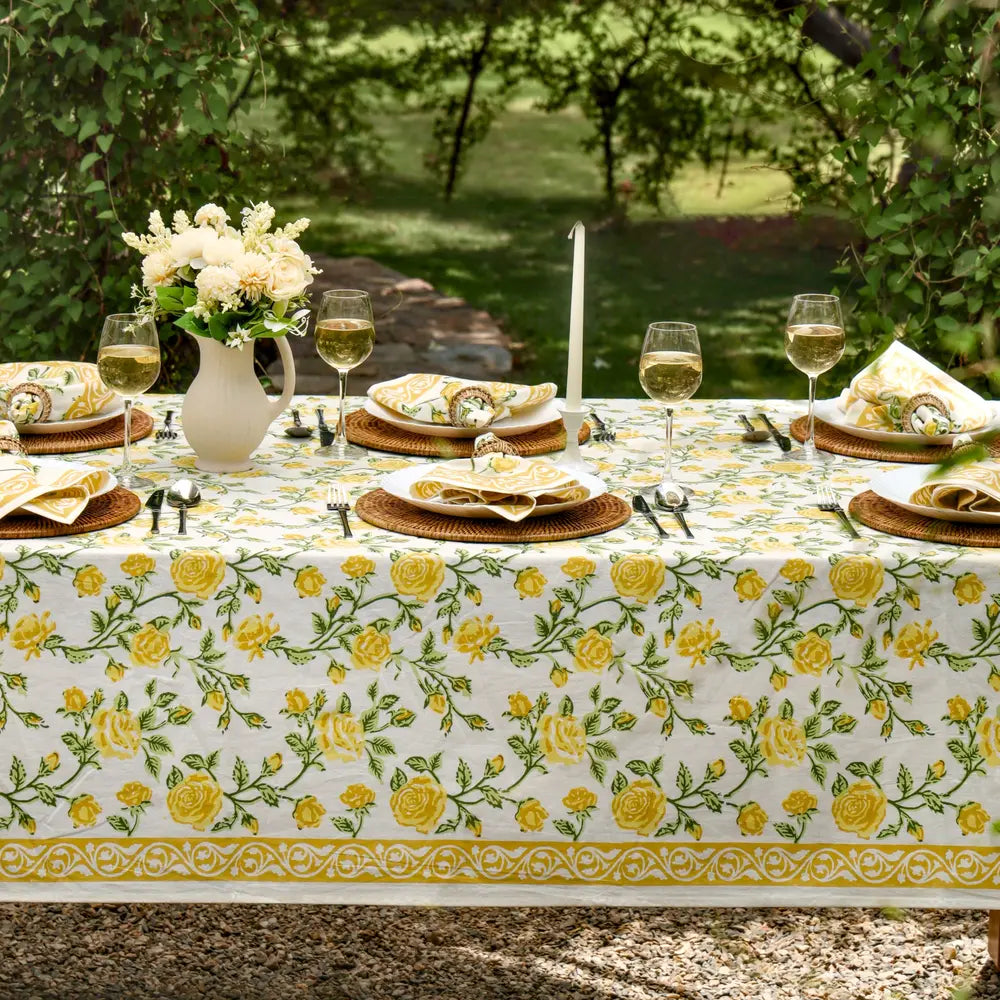 English Rose Yellow block print tablecloth hand printed in India