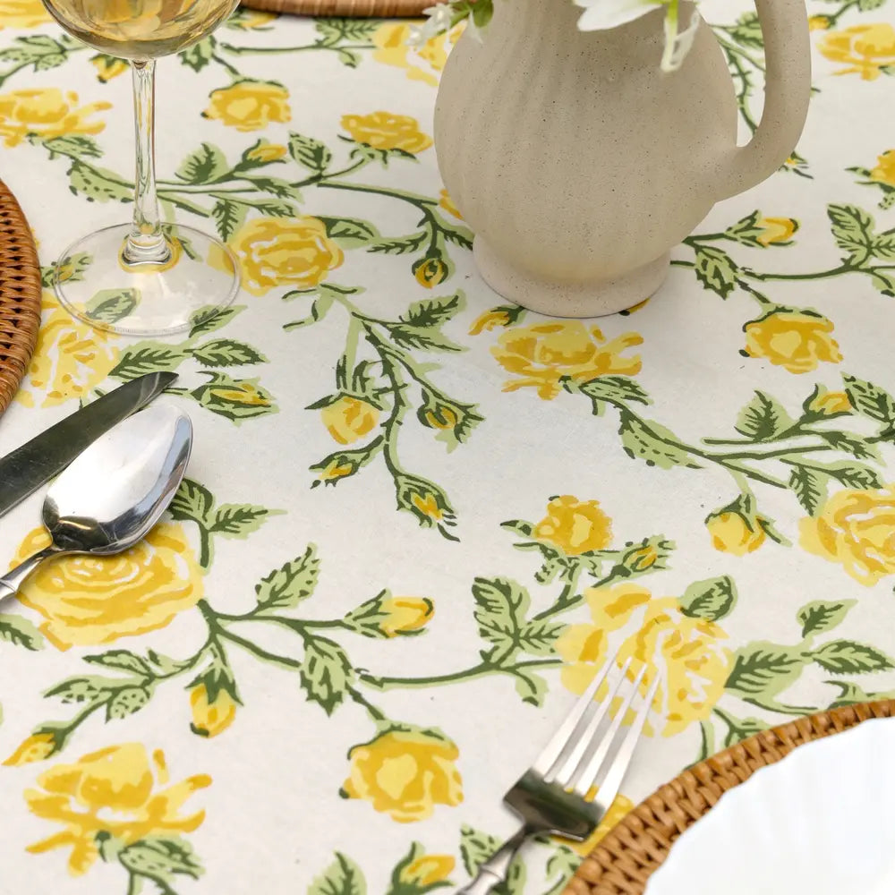 English Rose Yellow block print tablecloth hand printed in India