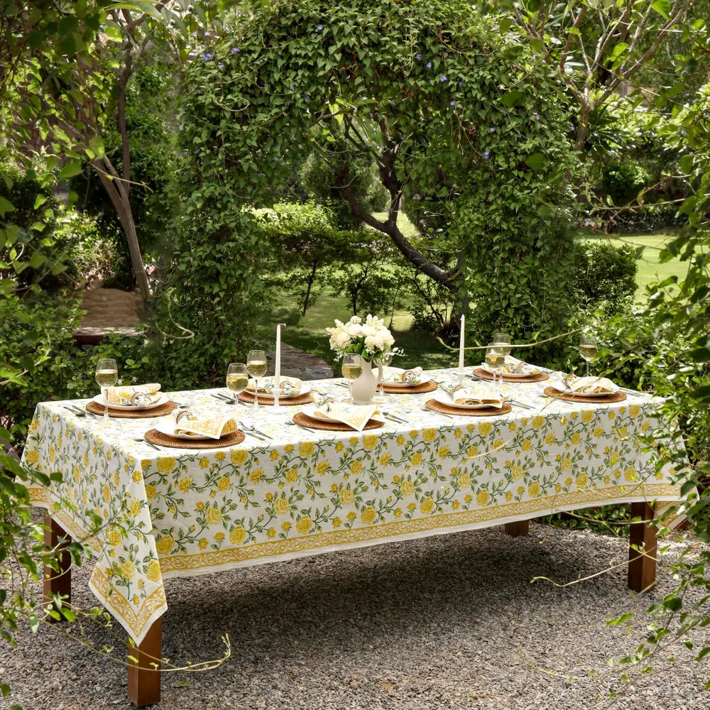 English Rose Yellow block print tablecloth hand printed in India