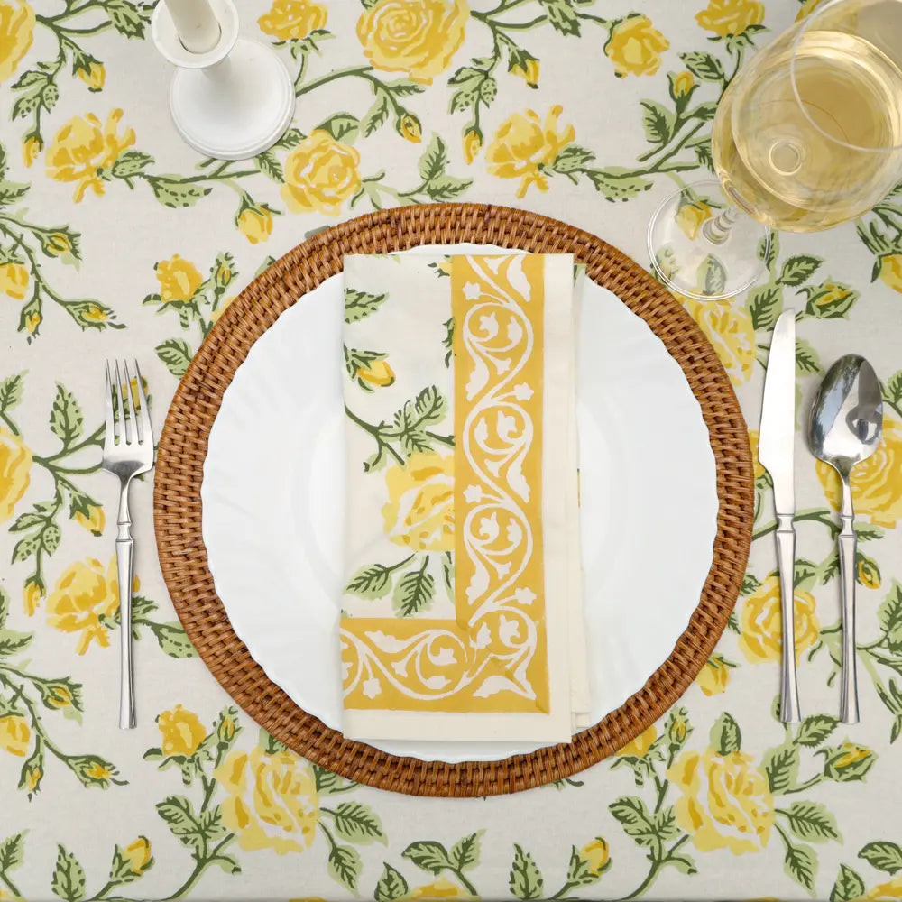 English Rose Yellow block print tablecloth hand printed in India