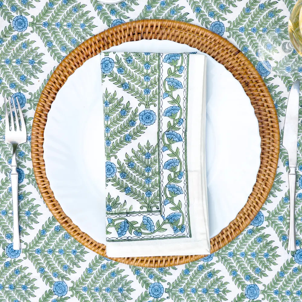 Family Tree Blue/Green block print napkins set of 4 hand printed in India