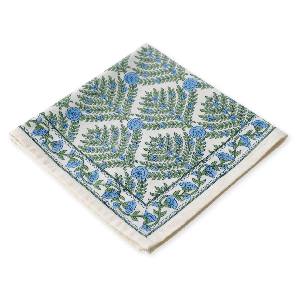 Family Tree Blue/Green block print napkins set of 4 hand printed in India