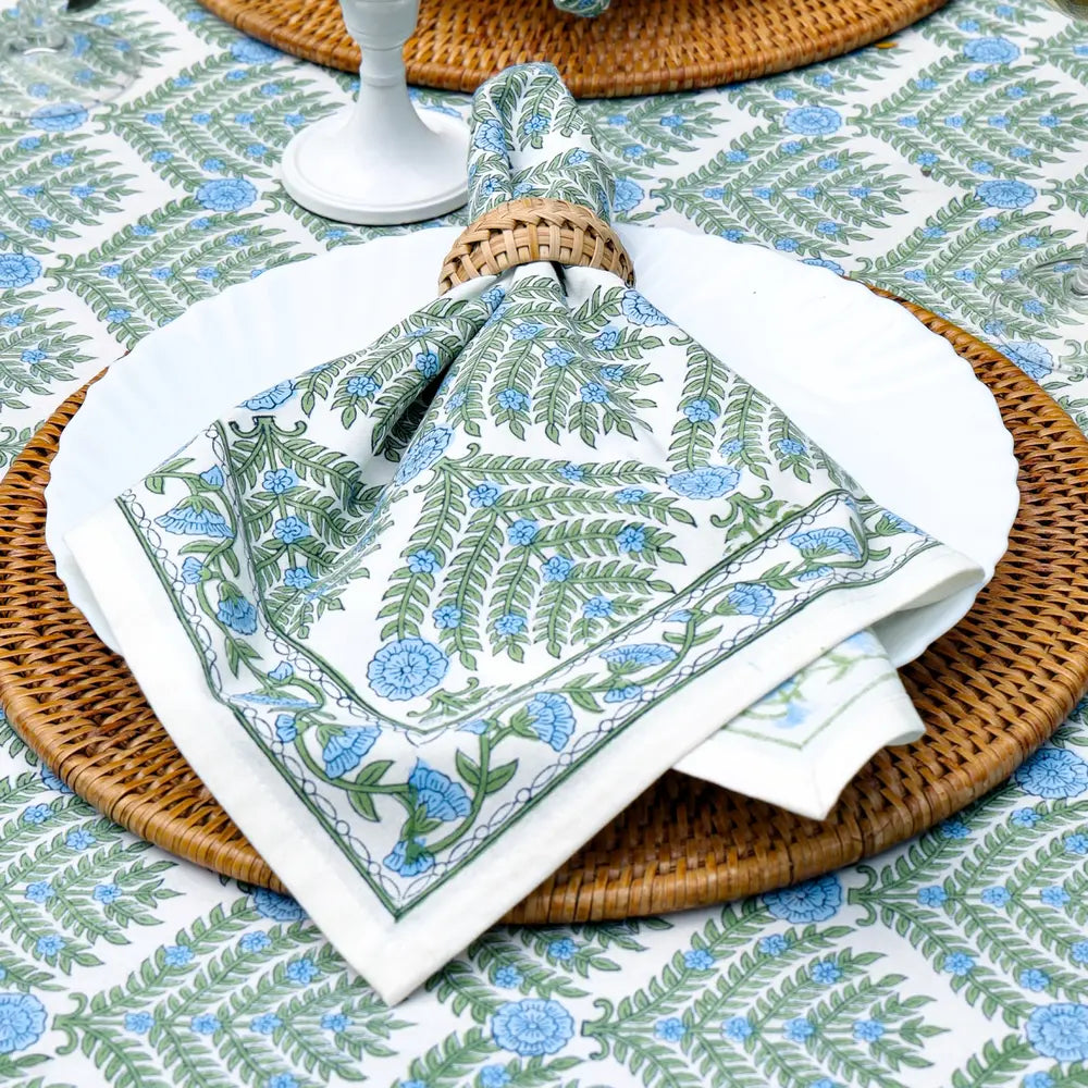 Family Tree Blue/Green block print napkins set of 4 hand printed in India