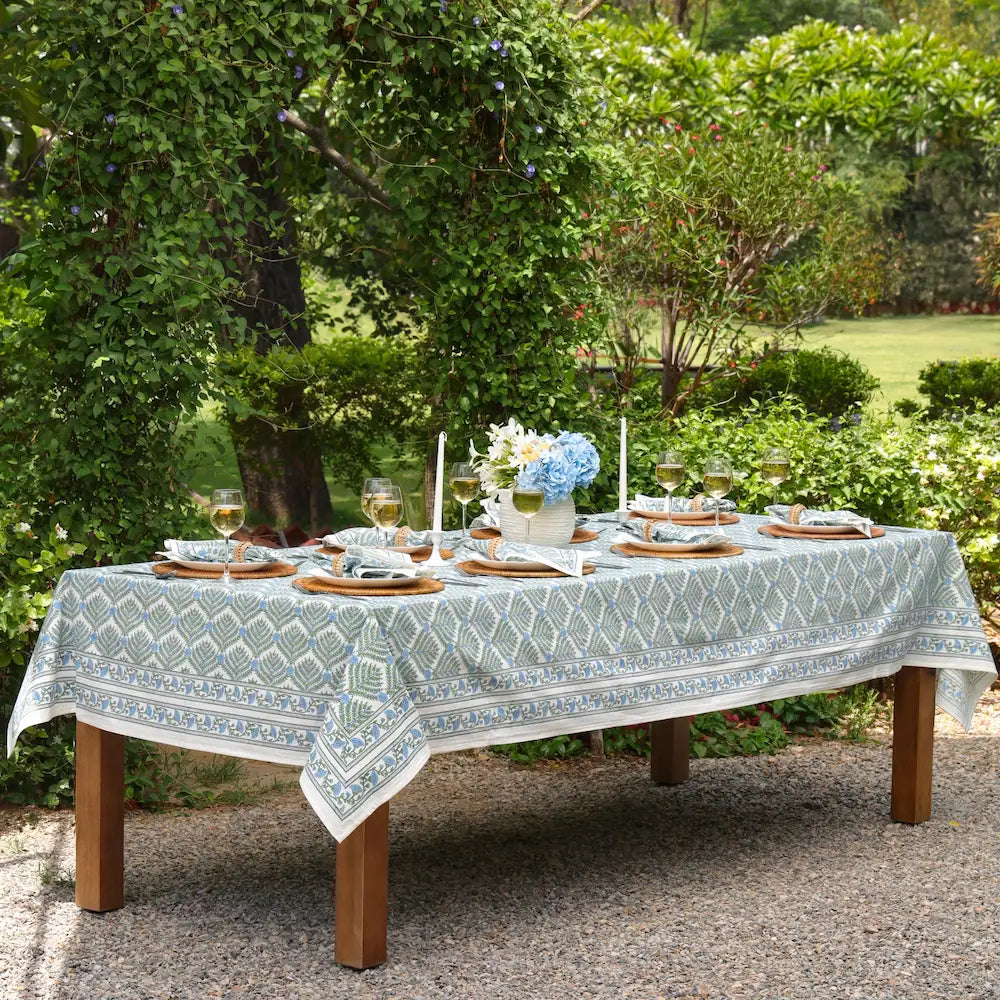 Family Tree Blue/Green block print tablecloth hand printed in India