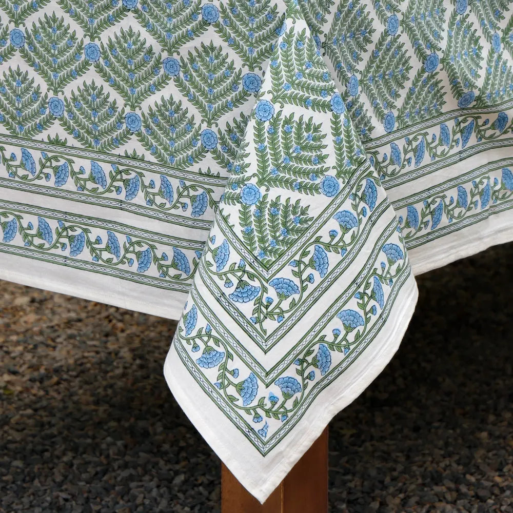 Close-up of Family Tree Blue/Green block print tablecloth cotton border