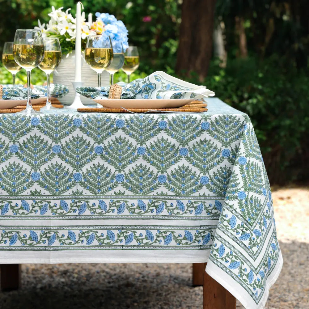 Family Tree Blue/Green block print tablecloth hand printed in India