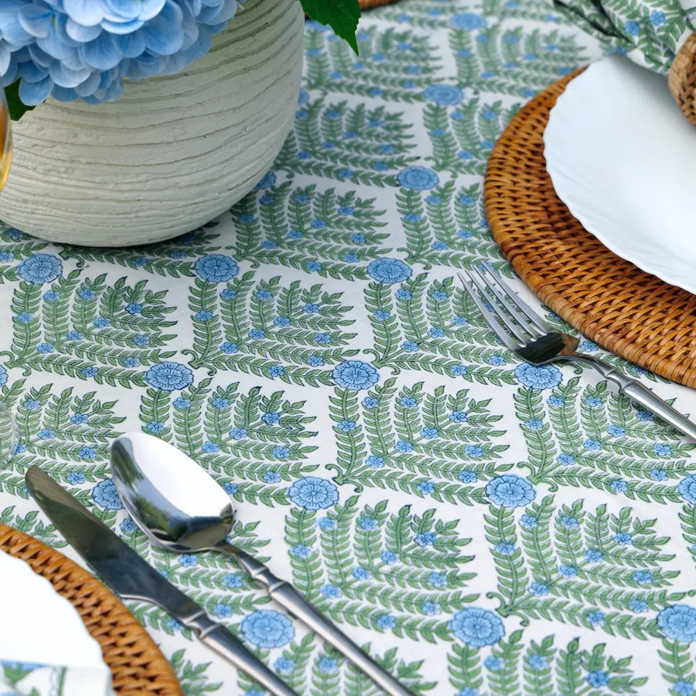 Family Tree Blue/Green block print tablecloth hand printed in India