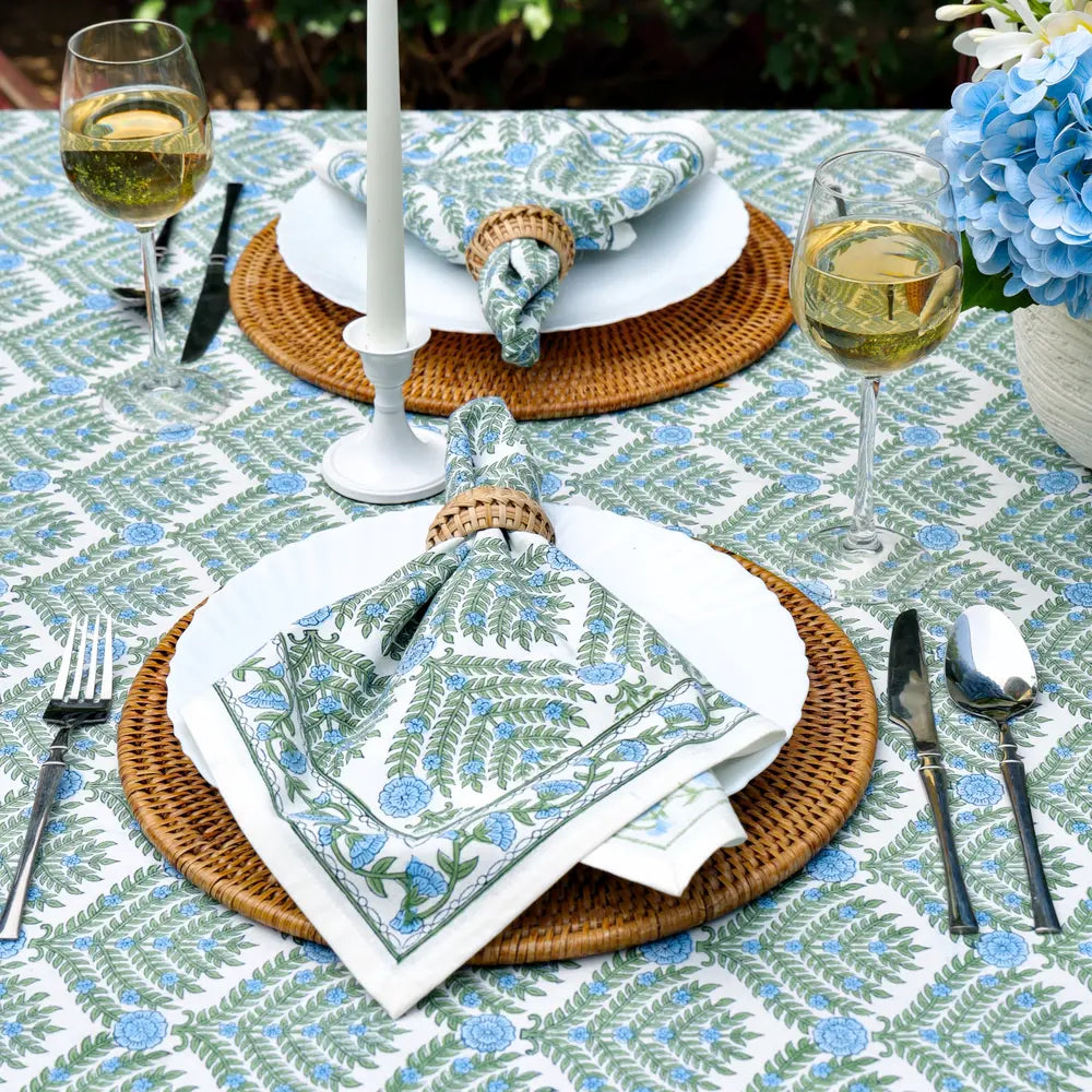 Family Tree Blue/Green block print tablecloth hand printed in India