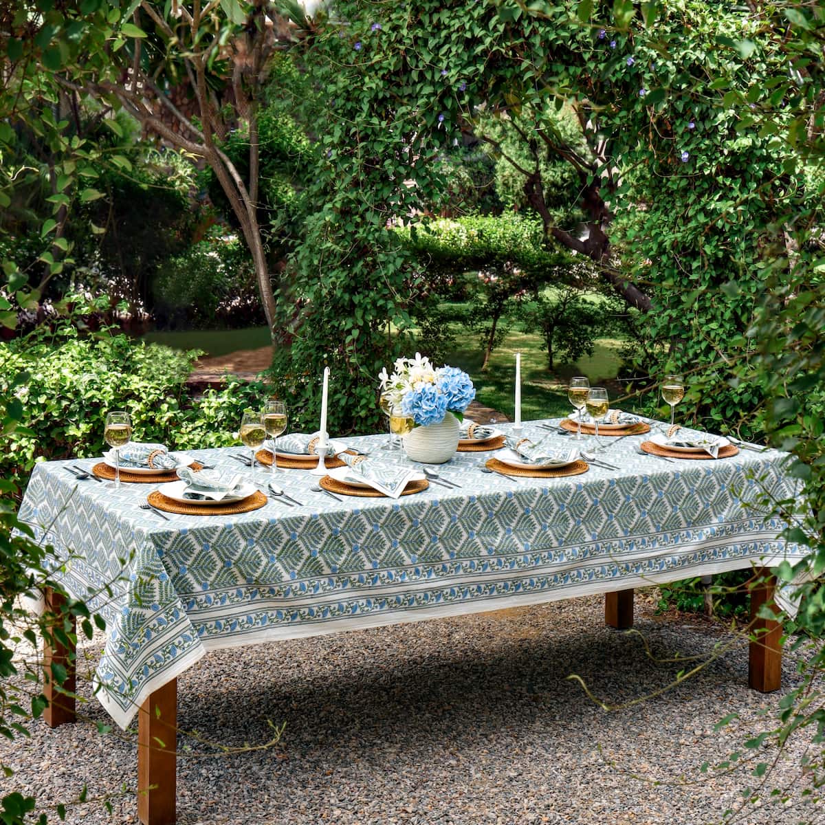 Family Tree Blue/Green block print tablecloth hand printed in India