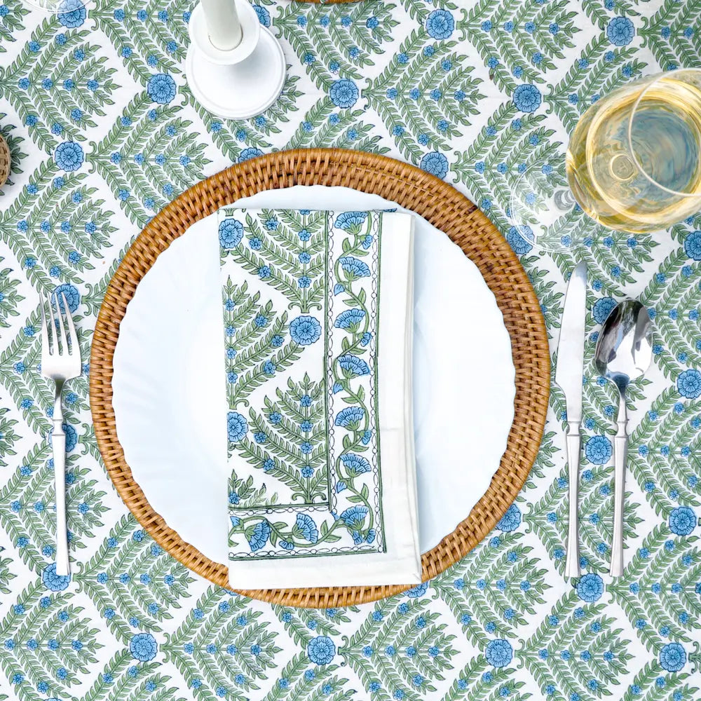 Family Tree Blue/Green block print tablecloth hand printed in India