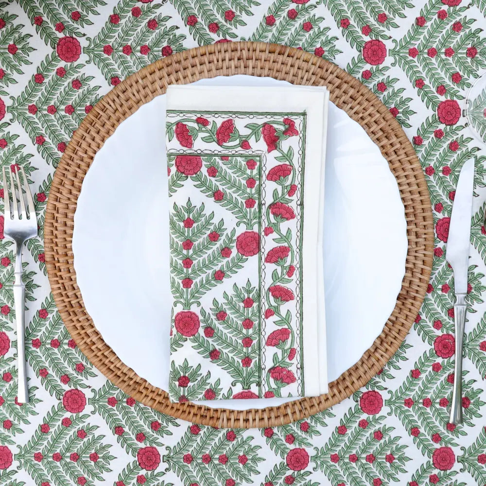 Family Tree Cranberry/Green block print napkins set of 4 hand printed in India