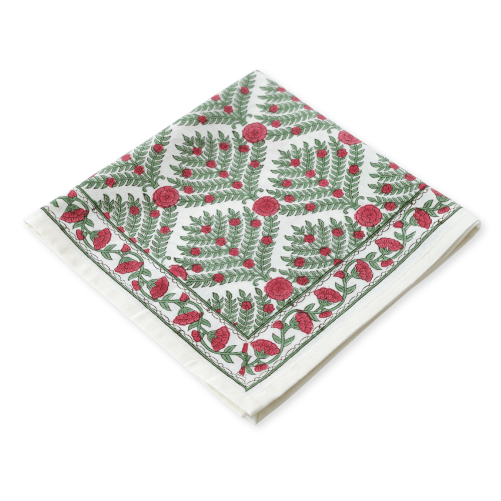 Family Tree Cranberry/Green block print napkins set of 4 hand printed in India