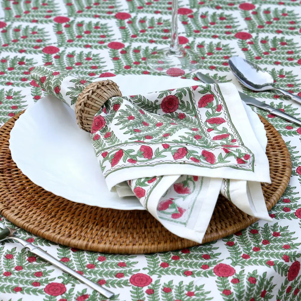 Family Tree Cranberry/Green block print napkins set of 4 hand printed in India