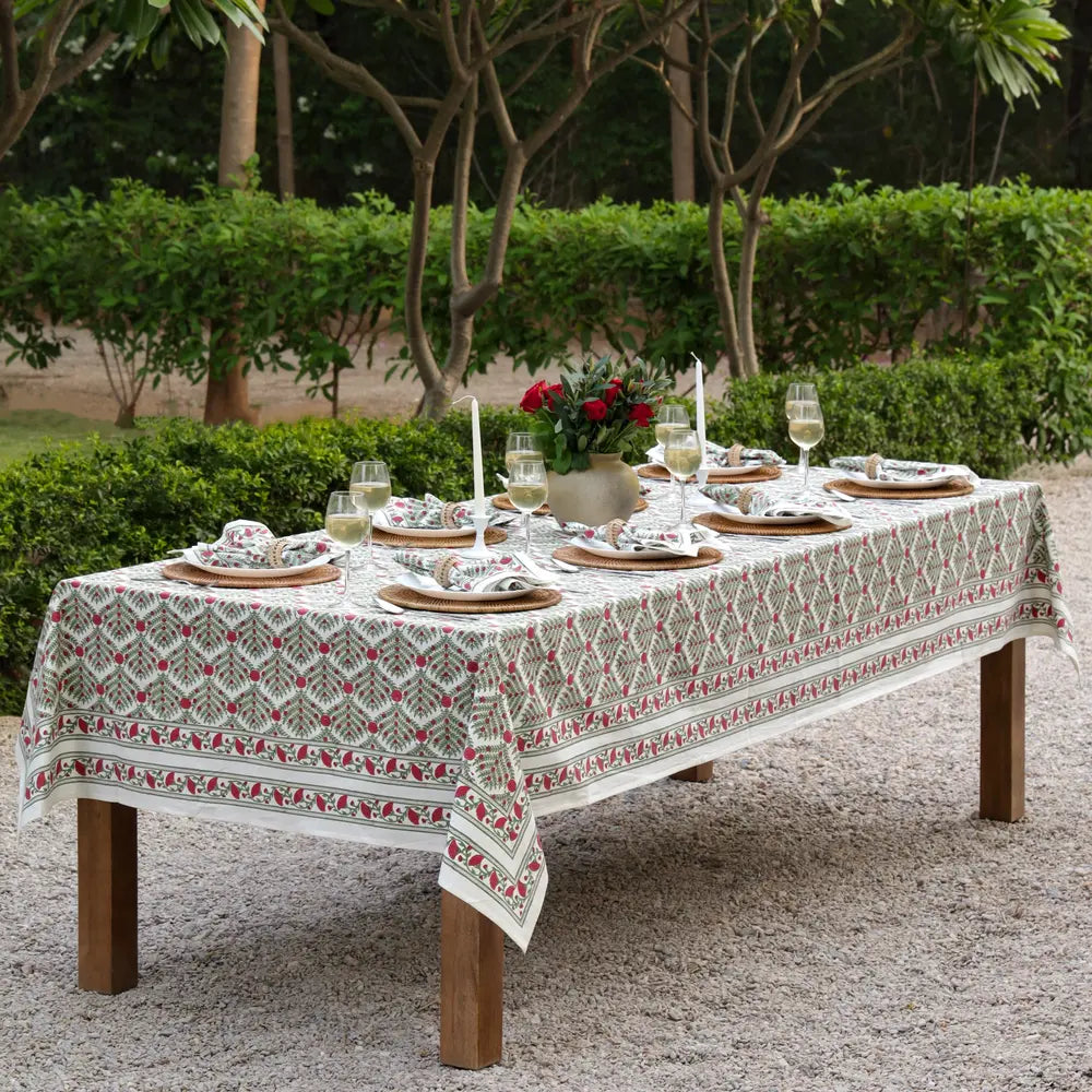 Family Tree Cranberry/Green block print tablecloth hand printed in India