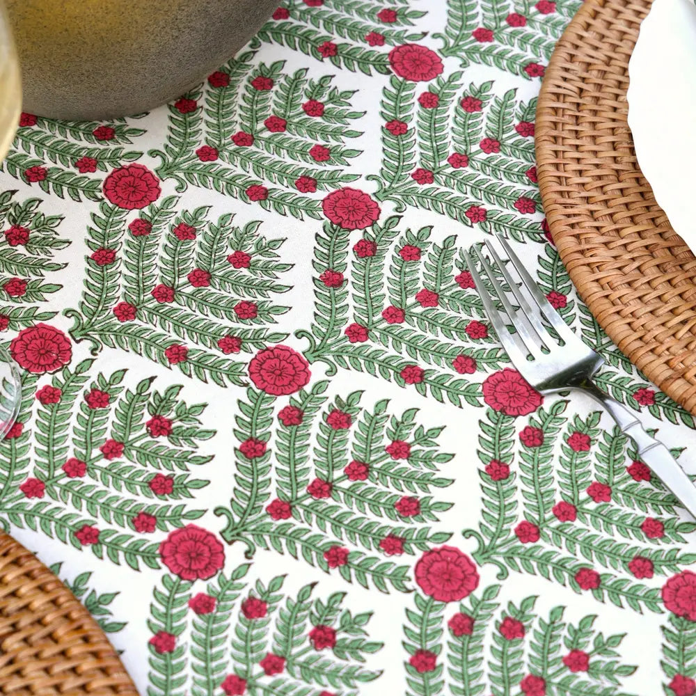 Family Tree Cranberry/Green block print tablecloth hand printed in India