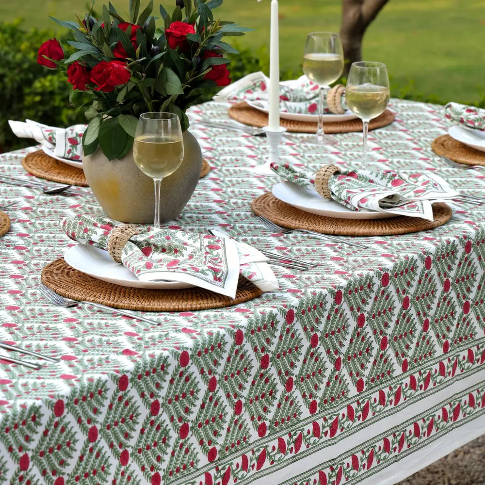 Family Tree Cranberry/Green block print tablecloth hand printed in India