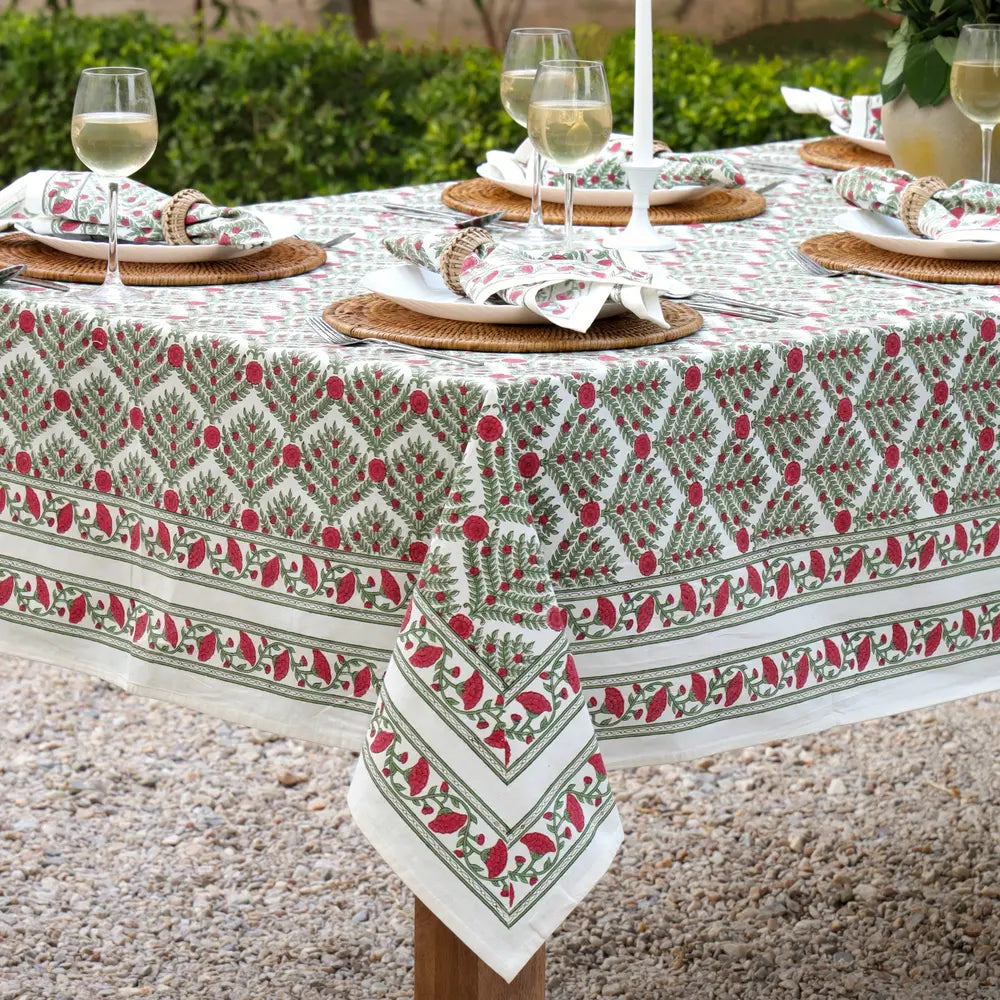 Family Tree Cranberry/Green block print tablecloth hand printed in India