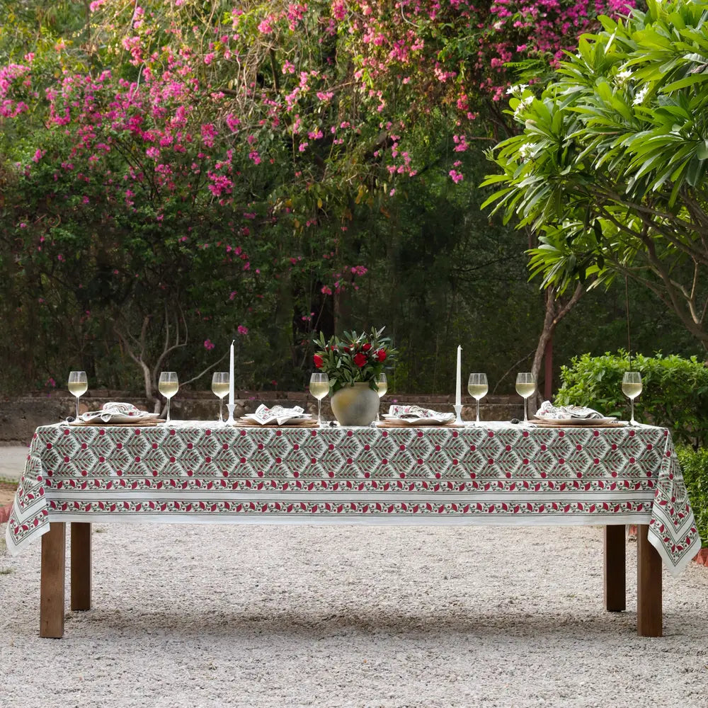 Family Tree Cranberry/Green block print tablecloth hand printed in India