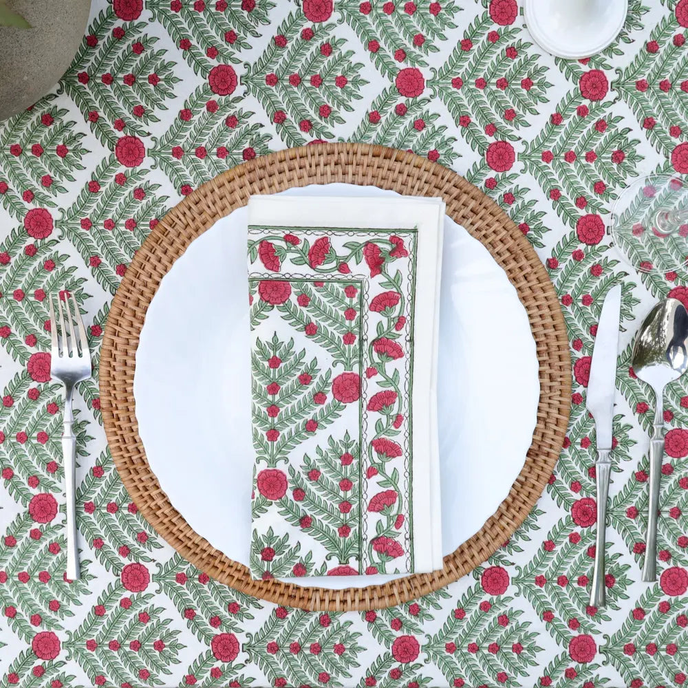 Family Tree Cranberry/Green block print tablecloth hand printed in India