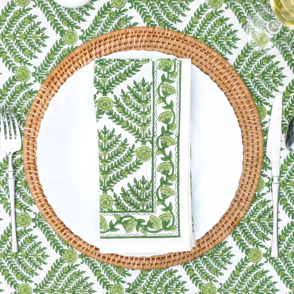 Family Tree Green block print napkins set of 4 hand printed in India