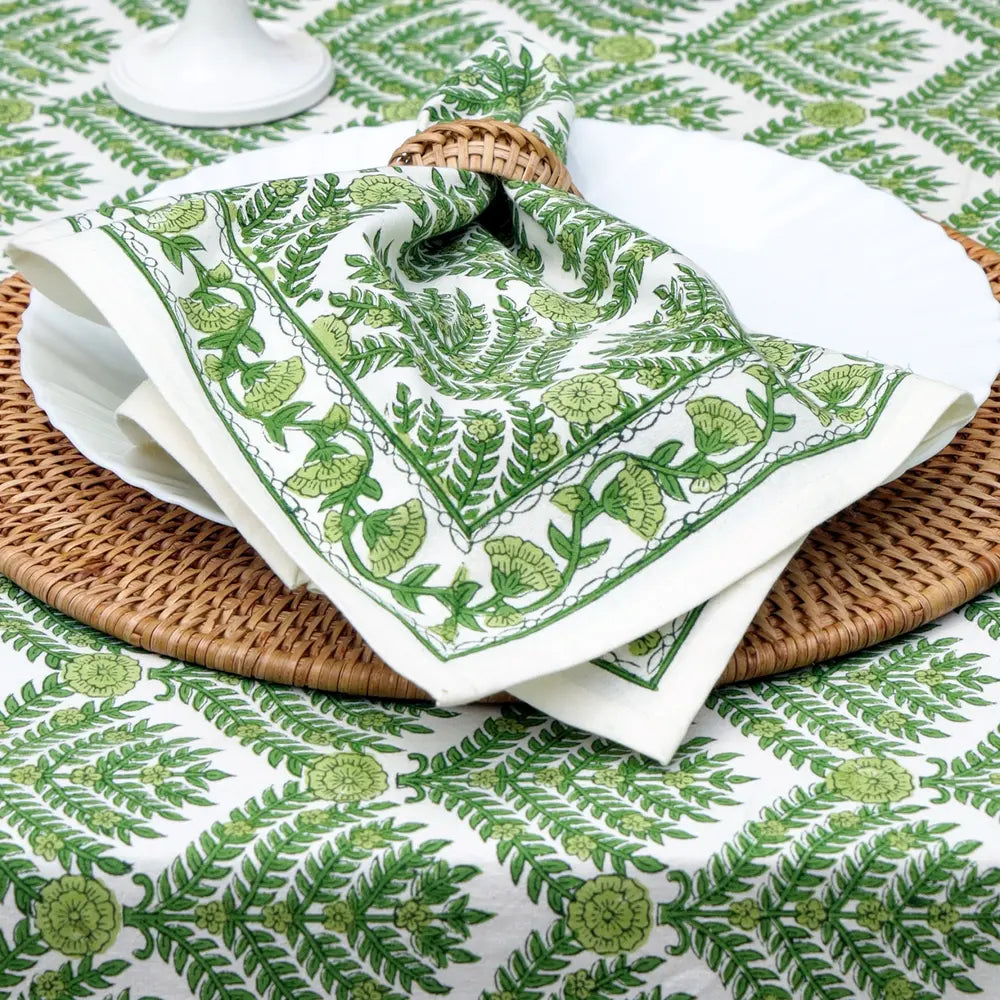 Family Tree Green block print napkins set of 4 hand printed in India