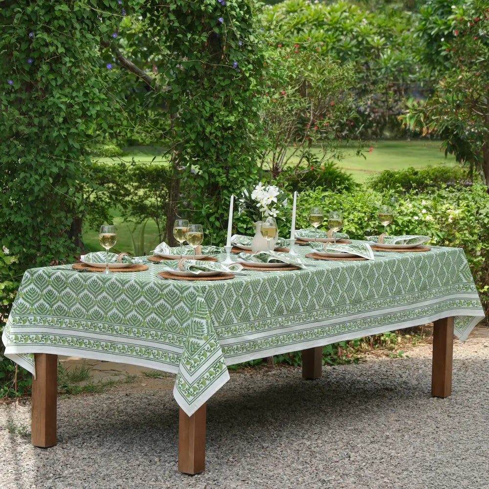 Family Tree Green block print tablecloth hand printed in India