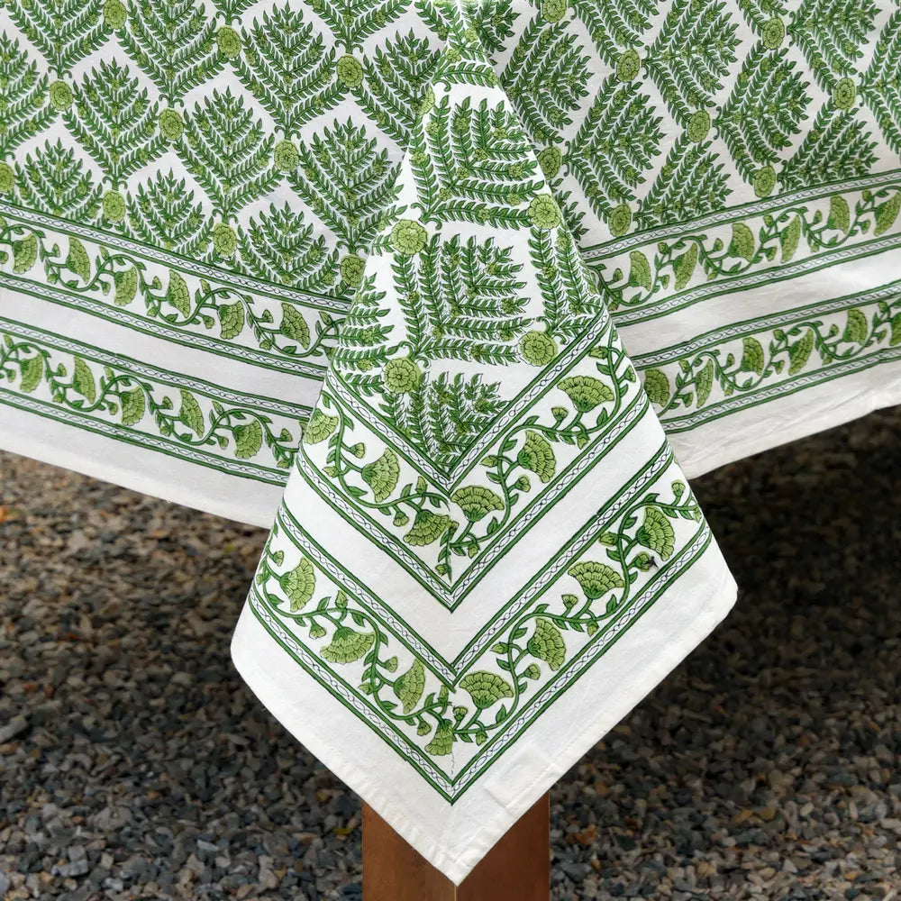 Close-up of Family Tree Green block print tablecloth cotton border
