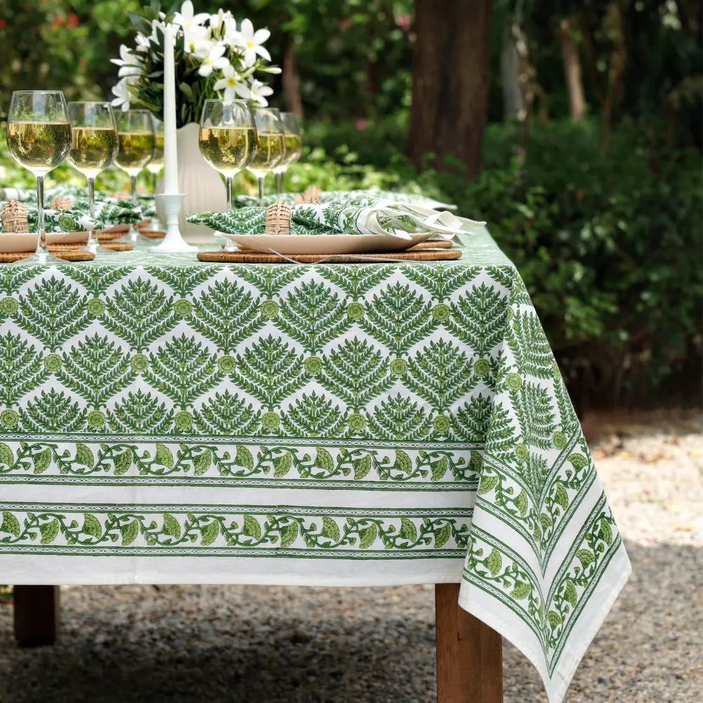 Family Tree Green block print tablecloth hand printed in India