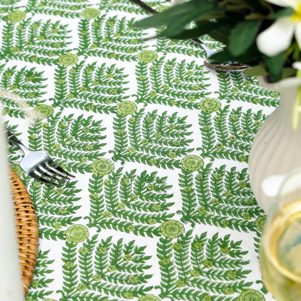 Family Tree Green block print tablecloth hand printed in India