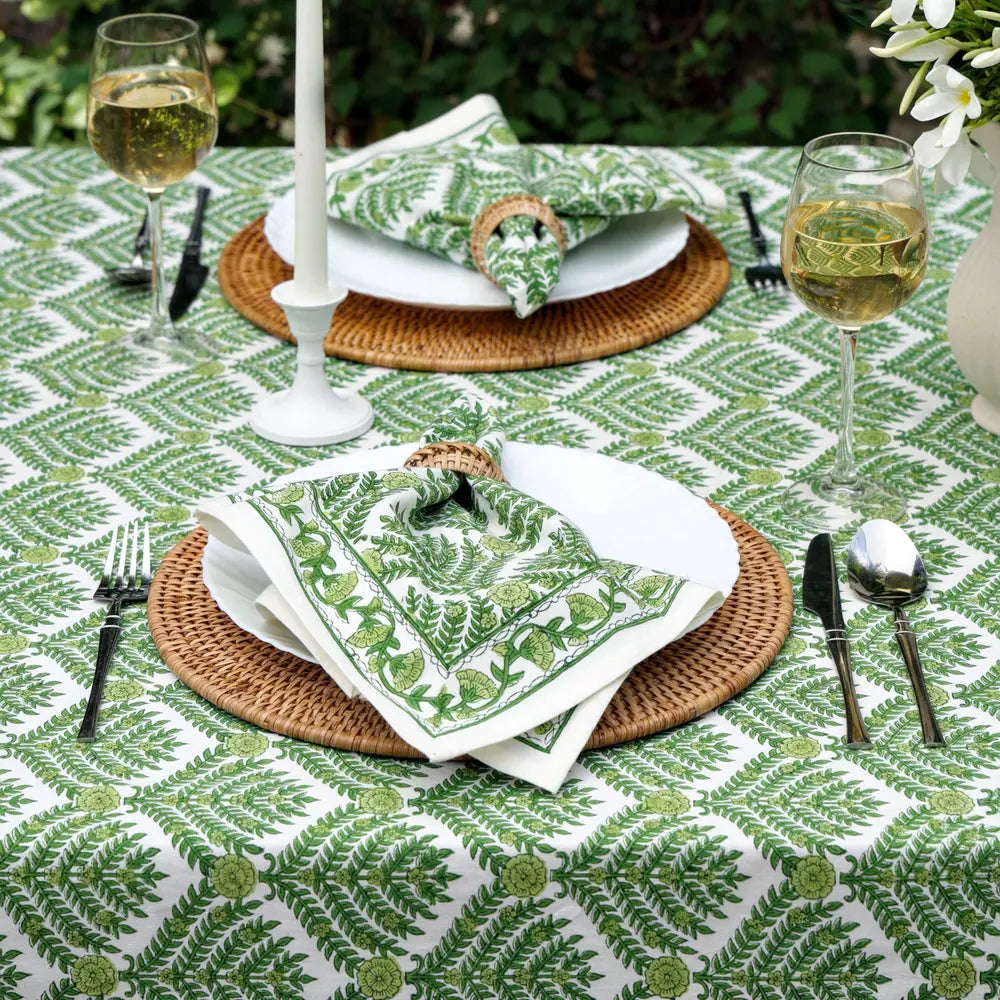 Family Tree Green block print tablecloth hand printed in India
