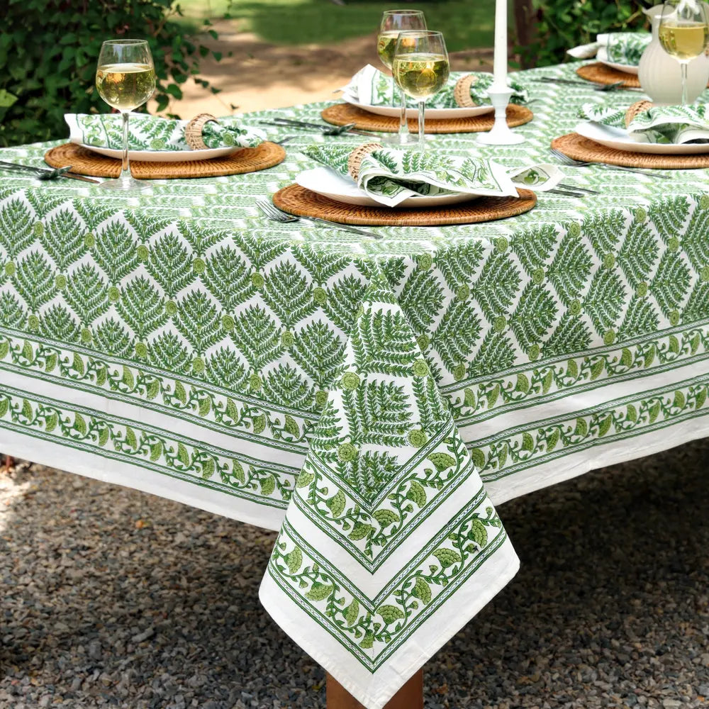 Family Tree Green block print tablecloth hand printed in India