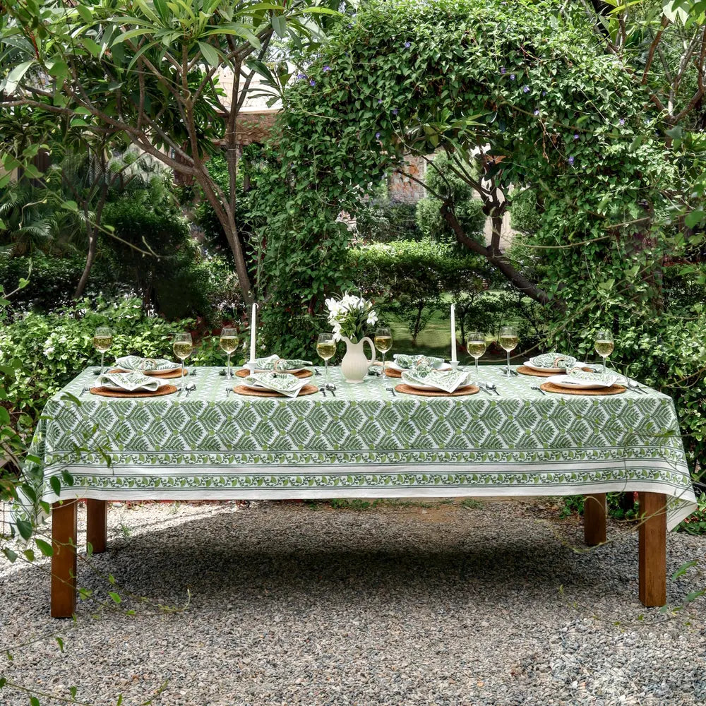 Family Tree Green block print tablecloth hand printed in India