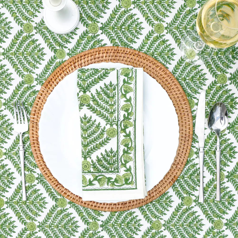 Family Tree Green block print tablecloth hand printed in India