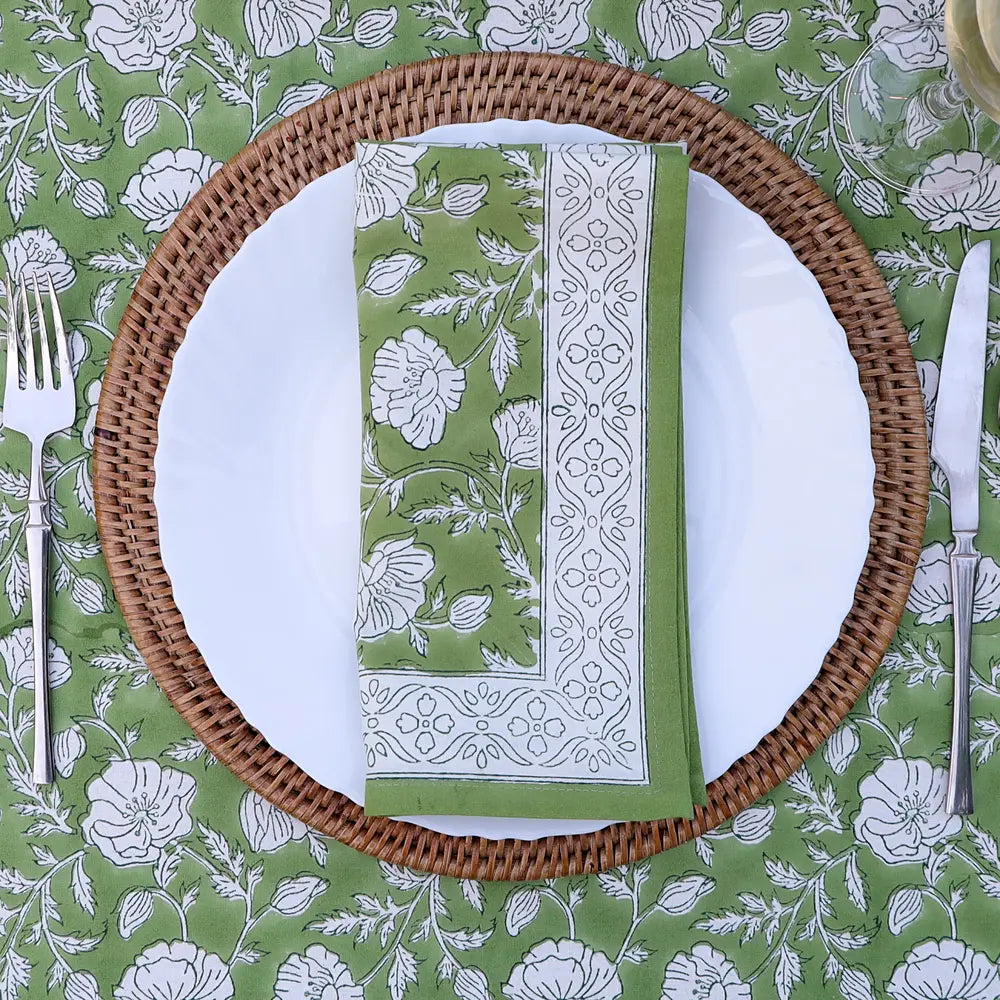 Garden Poppy Green block print napkins set of 4 hand printed in India