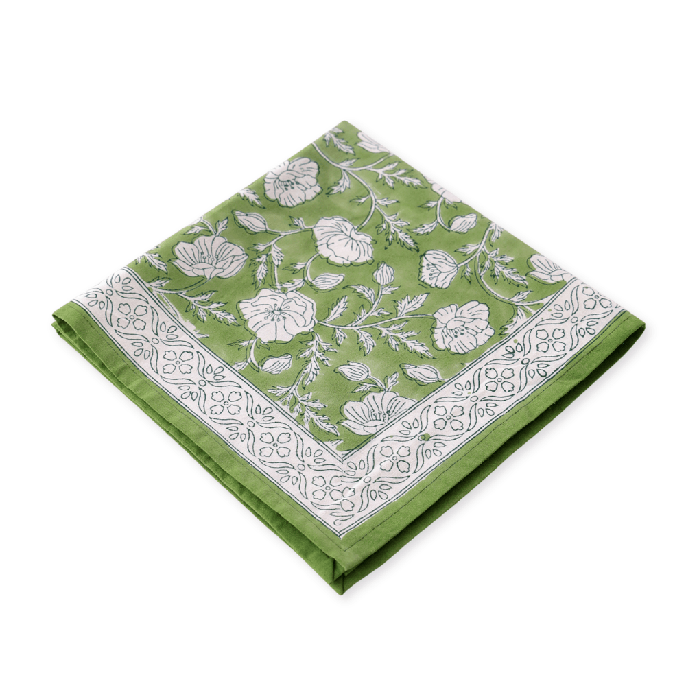 Garden Poppy Green block print napkins set of 4 hand printed in India