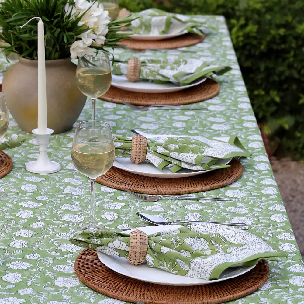 Garden Poppy Green block print napkins set of 4 hand printed in India