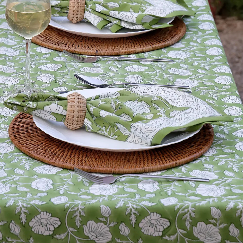 Garden Poppy Green block print napkins set of 4 hand printed in India