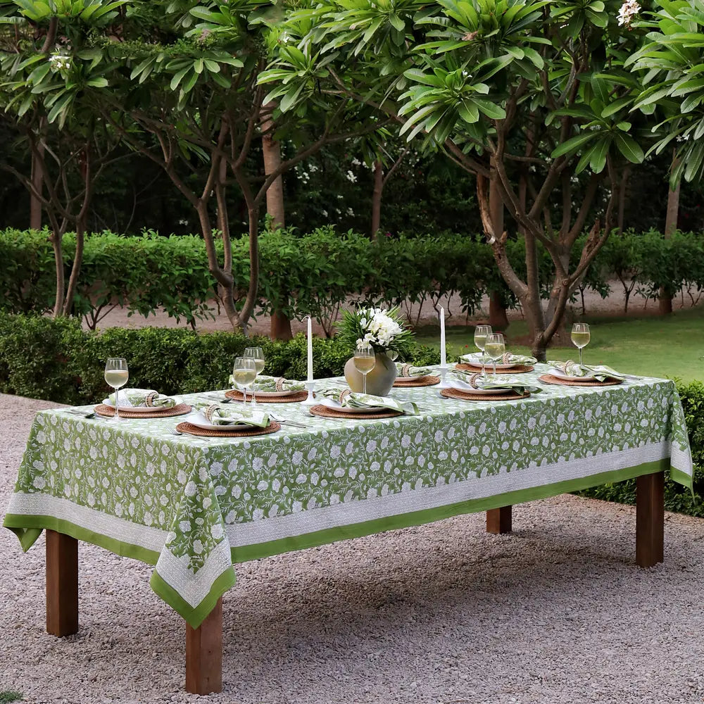 Garden Poppy Green block print tablecloth hand printed in India