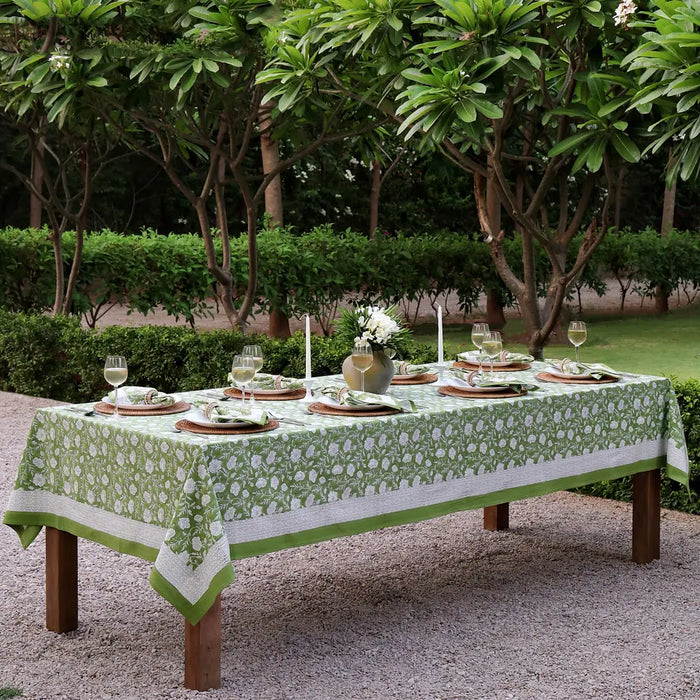Garden Poppy Green block print tablecloth hand printed in India