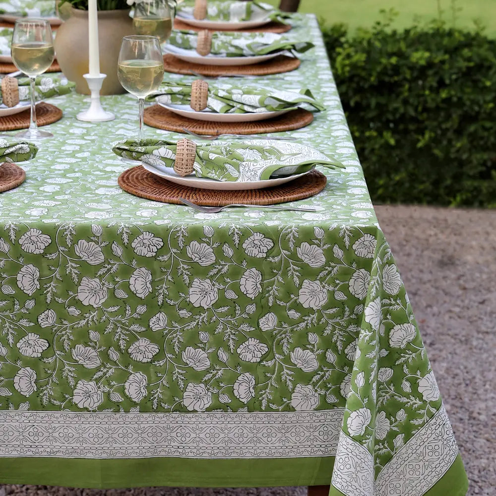 Garden Poppy Green block print tablecloth hand printed in India