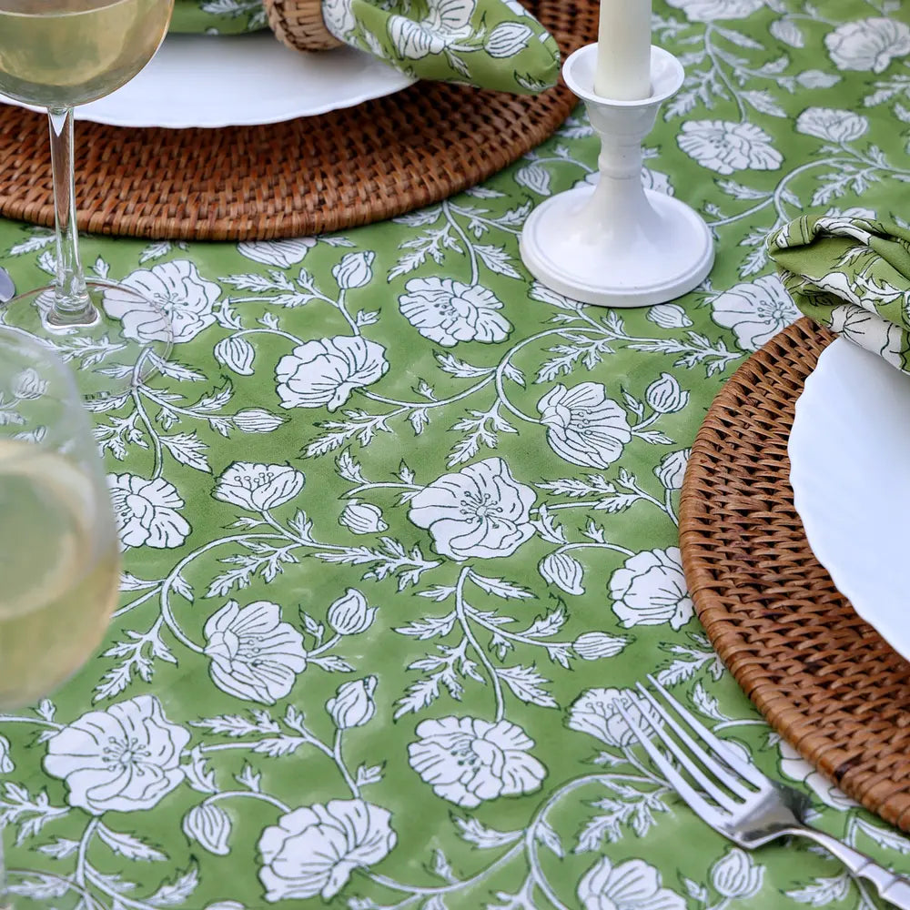 Garden Poppy Green block print tablecloth hand printed in India