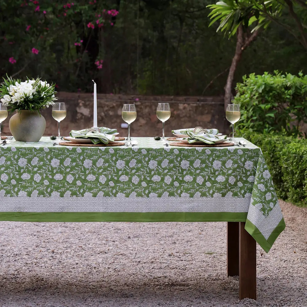 Garden Poppy Green block print tablecloth hand printed in India
