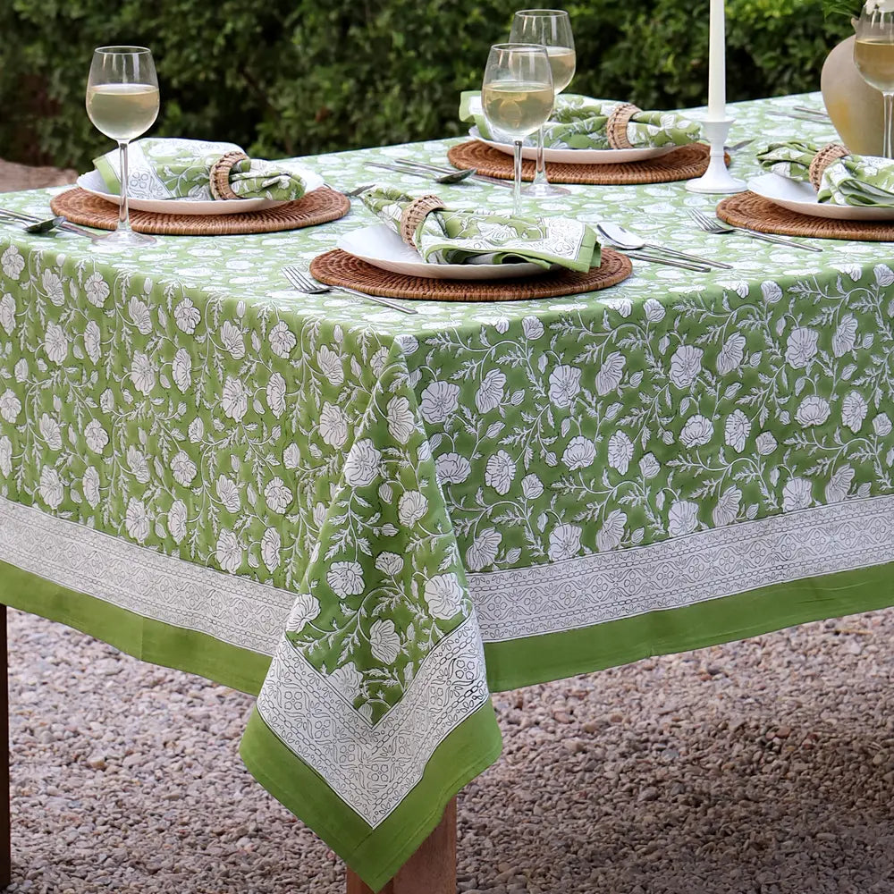 Garden Poppy Green block print tablecloth hand printed in India