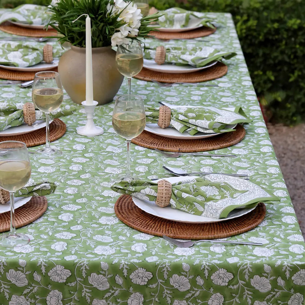 Garden Poppy Green block print tablecloth hand printed in India