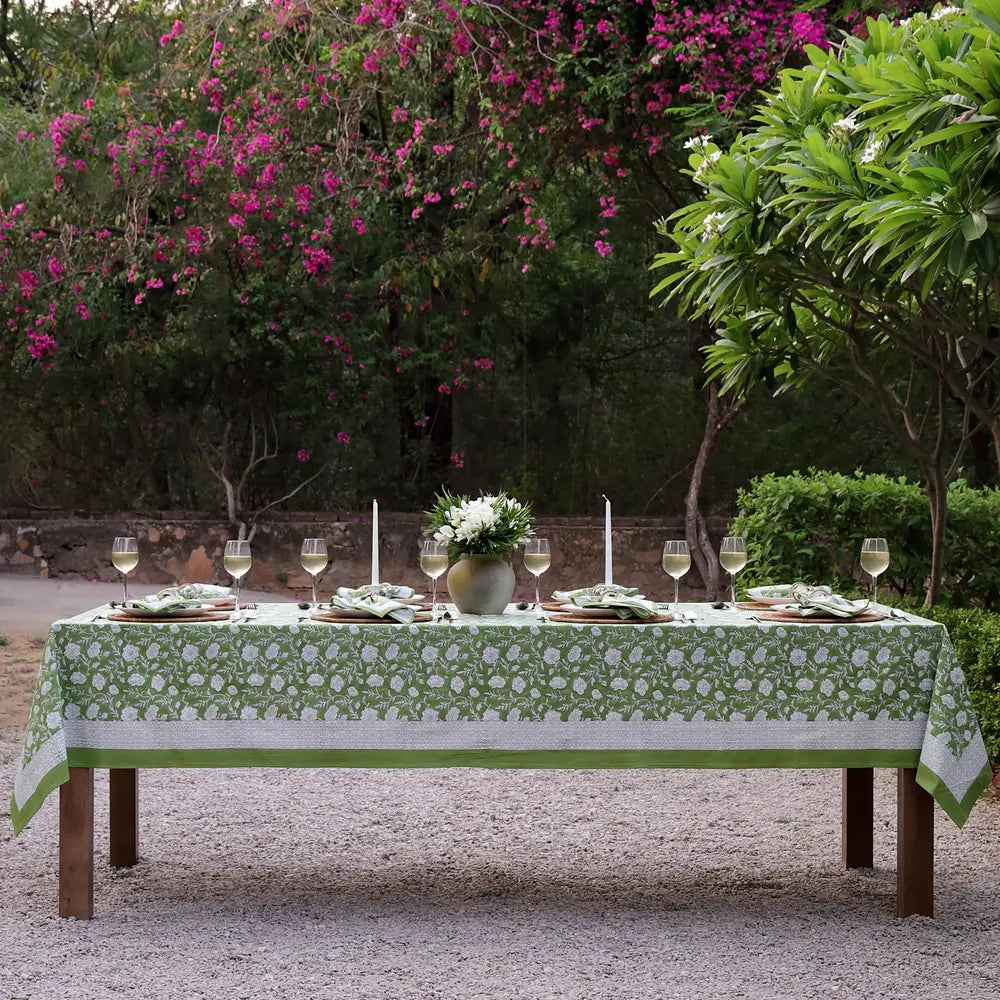 Garden Poppy Green block print tablecloth hand printed in India