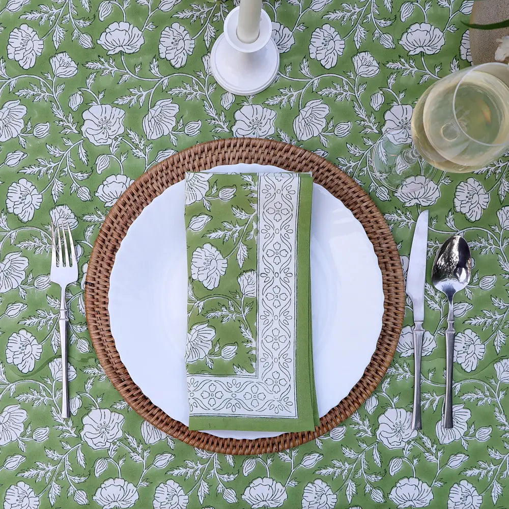 Garden Poppy Green block print tablecloth hand printed in India