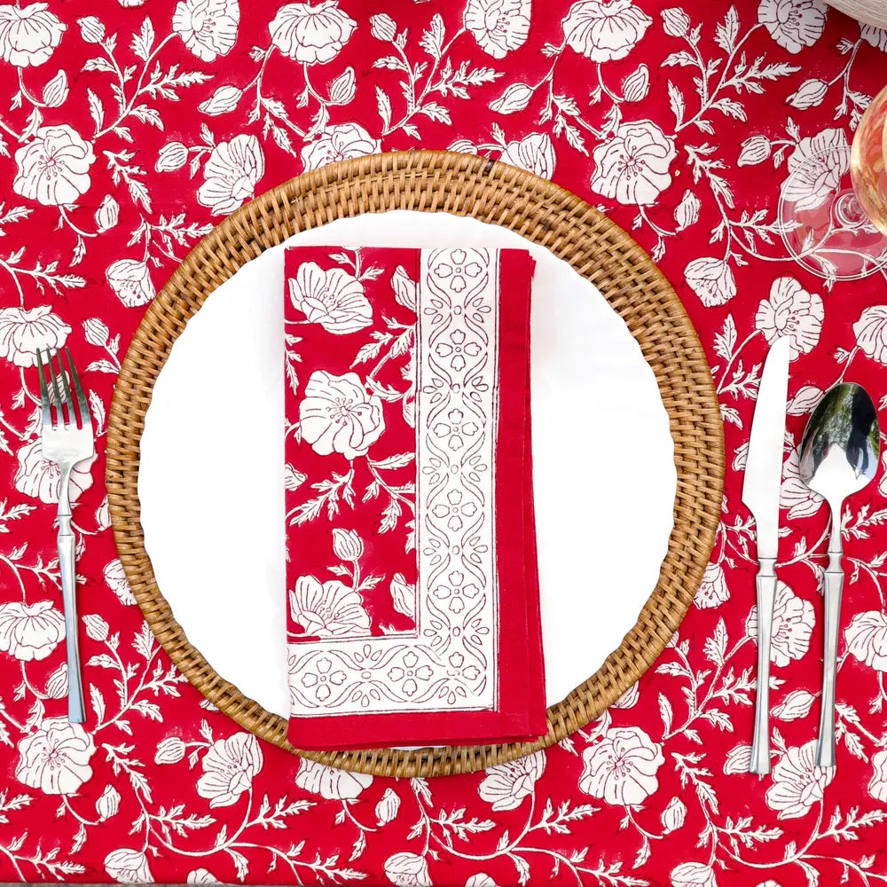 Garden Poppy Red block print napkins set of 4 hand printed in India
