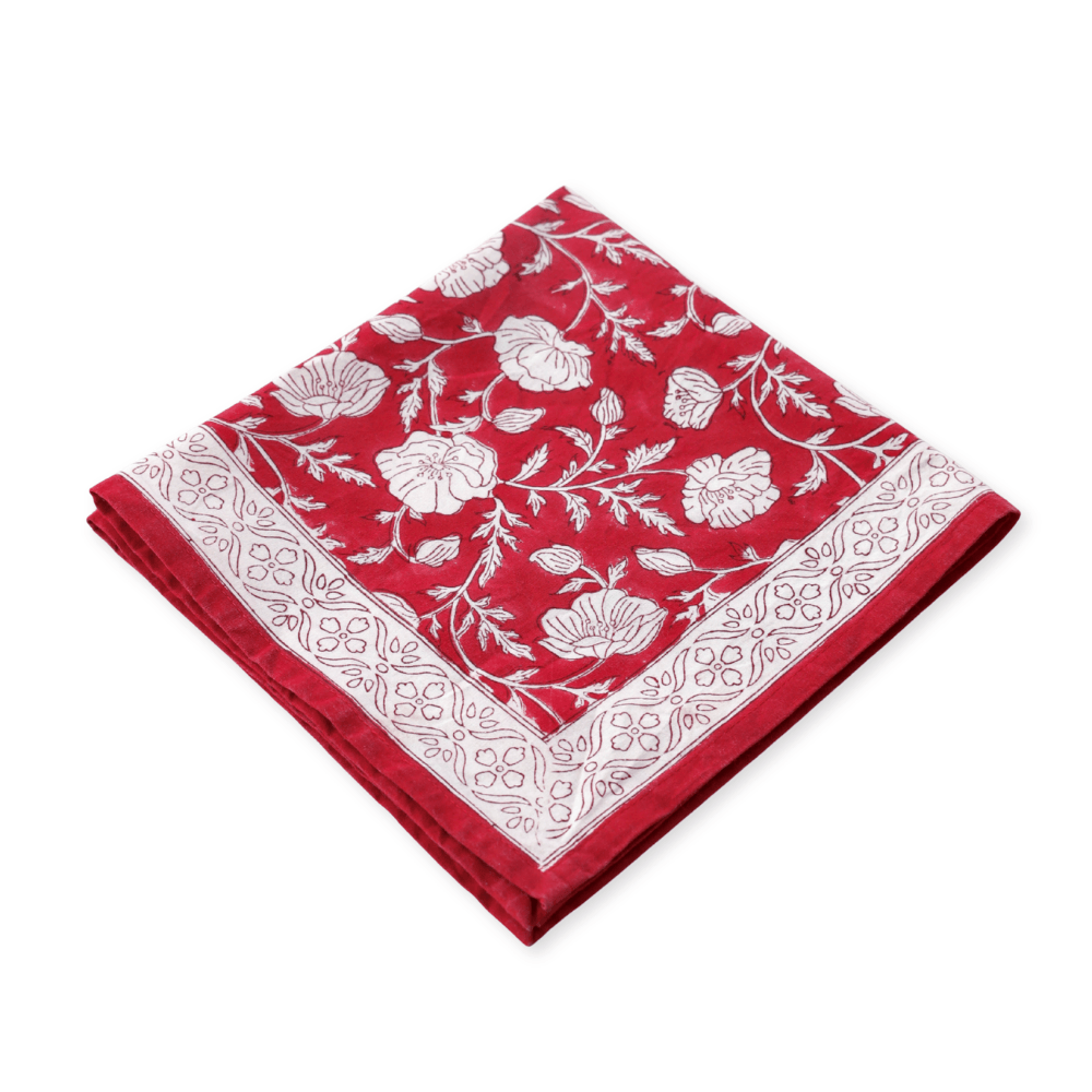 Garden Poppy Red block print napkins set of 4 hand printed in India