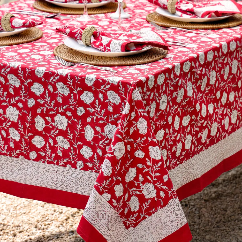 Garden Poppy Red block print napkins set of 4 hand printed in India